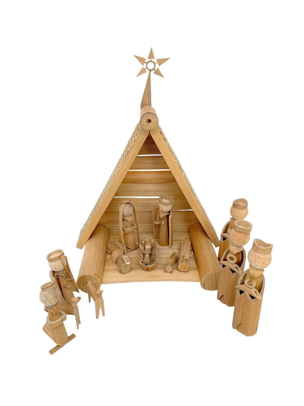 MCM Bamboo Nativity Set Rattan Wood Grass Vtg Handmade Christmas 13pc